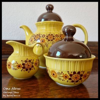 Vintage KAFFEEKANNE, MILCHGIESSER, ZUCKERDOSE - 70er Jahre - Seltmann Weiden - Blumenmuster in gelb-braun