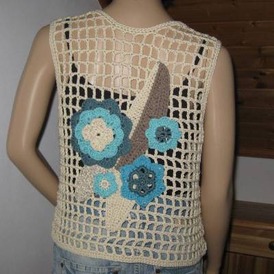 Einzigartige Häkelweste mit 3D-Freeform-Applikation, Sommerjacke, Bolero 