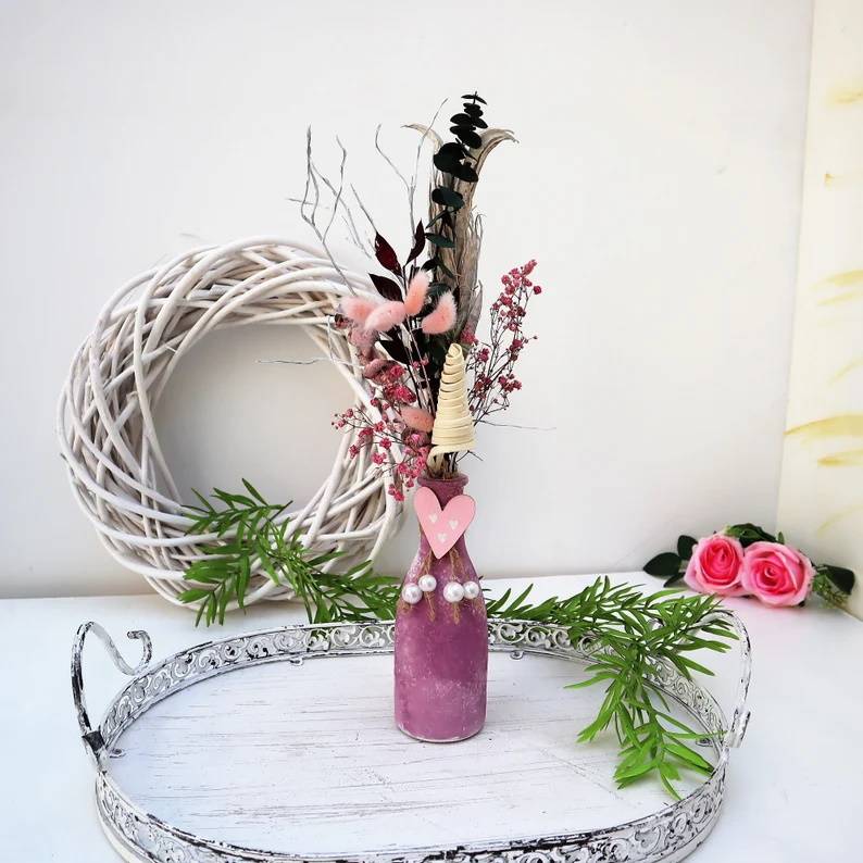 Trockenblumenstrauß mit Vase rosa-natur