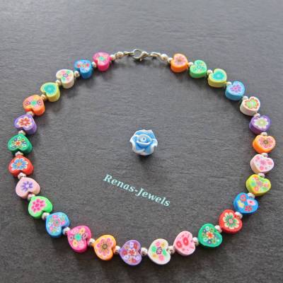 Kinderkette bunt Herz Perlen mit Blumen Kinder Kette Herzkette PolymerClay Mädchenkette