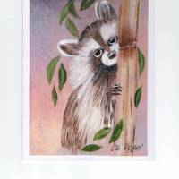 Grußkarte-    Waschbärenkind-   handgemalt, RESERVIERT   für Doris
