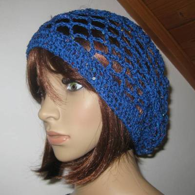 Mütze, Beanie, Sommer-Mütze mit Pailletten und Glanzfaden in blau