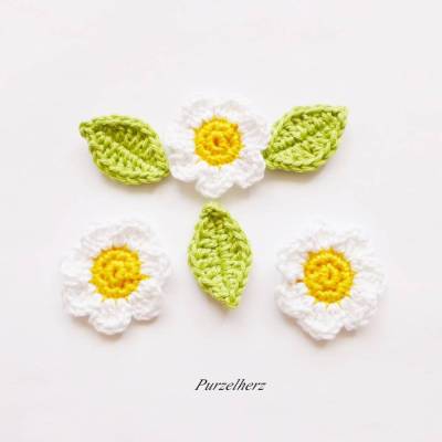 6-teiliges Häkelset: Gänseblümchen mit Blättern - Aufnäher,Häkelapplikation,Hochzeit,Häkelblume,Tischdeko,weiß,gelb
