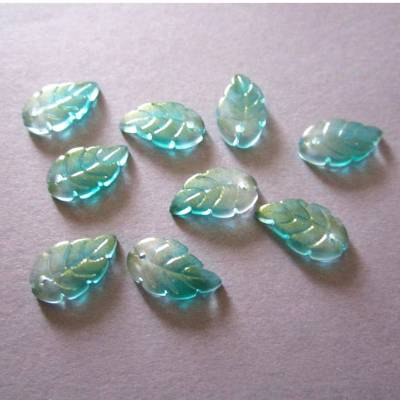 10x Blatt Glasanhänger mit Glitter Gold- Pulver in Aquamarin Farbe Zweitönig