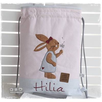Turnbeutel/Rucksack rosagrau Hasenmädchen mit Pusteblume und Wunschname