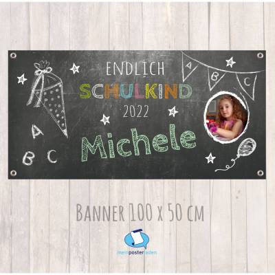 Banner zur Einschulung 100 x 50 cm - mit Foto personalisierbar | Tafeloptik - Endlich Schulkind