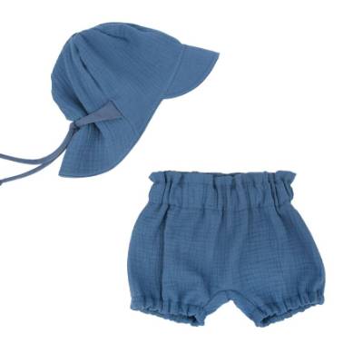 Baby Jungen Mädchen Musselin 2tlg. Sommer-Set Sonnenhut mit Nackenschutz + kurze Pumphose Bummies Bloomer