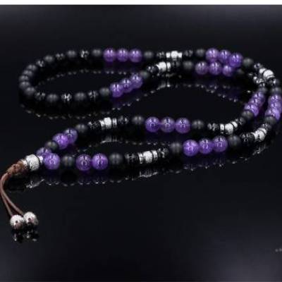 Herren Halskette aus Edelsteinen Amethyst Onyx Achat Edelstahl, Länge 70 cm