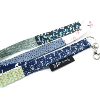 Schlüsselband lang mit Karabiner blau grün Patchwork Schlüsselanhänger Einzelstück Anker Rosen Tropfen