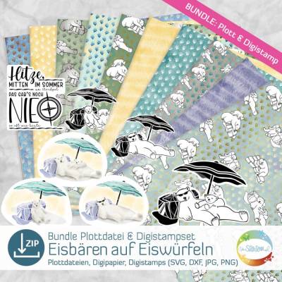 Bundle Eisbär auf Eiswürfeln, Plottdatei und Digistampset, großes Download-Paket mit Polarbär, Eisbärbaby, Hitze-Sprüche