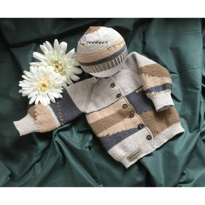 Babygarnitur Babyset  *Joschi* – Handgestrickte Jacke 74/80 & Mütze KU 45-48 aus Merinowolle
