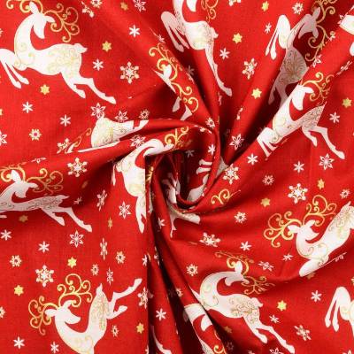 Weihnachtsstoff Baumwolle Rentier Hirsch rot-creme- gold (1m/10,-€)