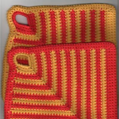 T0090 gehäkelt 2 Topflappen Untersetzer 20 x 20 cm 100% Baumwolle Handarbeit rot gelb Küche