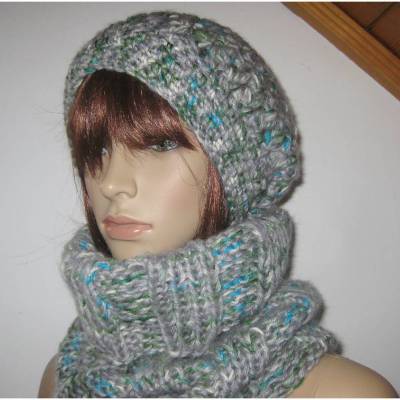 Set: Schlauchschal und Beanie mit Mohair, gestrickt und gehäkelt