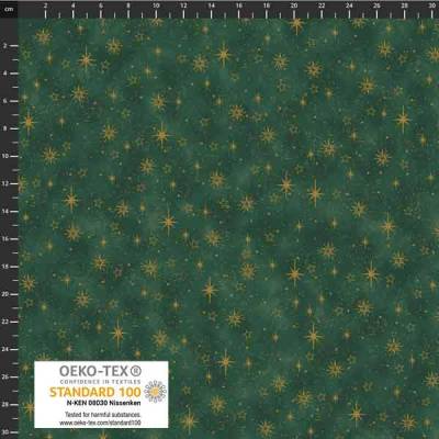 Patchworkstoff Star Springle,  grüner Quiltstoff mit verschiedenen goldenen Sterne