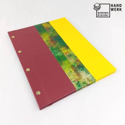 Mappe inkl. DIN A4 Klarsichthüllen, dunkelrot gelb, Buchschrauben, selbstgemachtes Buntpapier