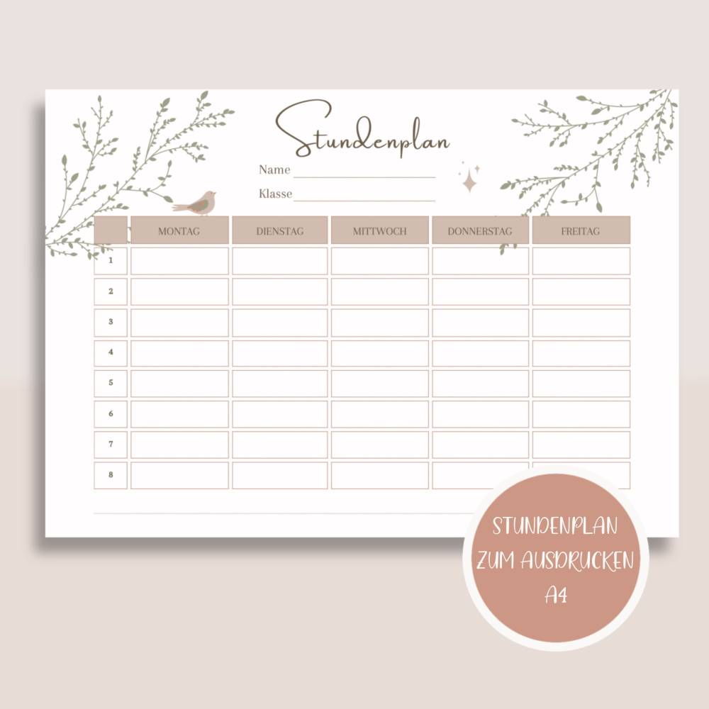 Stundenplan zum Ausdrucken A4 | Planer&Listen Printables Bild 1