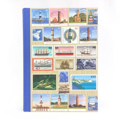 Notizbuch, Briefmarken, Schiffe, Leuchtturm, DIN A5, 280 Seiten, blau, Upcycling
