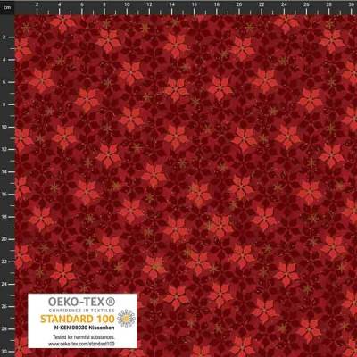 Patchworkstoff Star Springle, roter Quiltstoff mit kleinen Blüten und goldenen Sterne.