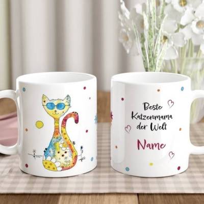 Tasse Beste Katzenmama der Welt personalisiert mit Namen & Katzenmotiv – Geschenk für Katzenliebhaber