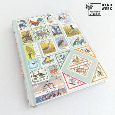 Notizbuch, Vögel, Briefmarken, Upcycling, DIN A5, 300 Seiten