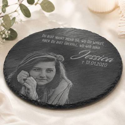 20 x 20 cm runde Schiefertafel mit Gravur & Foto – personalisierter Gedenkstein, wetterfest als Grabschmuck