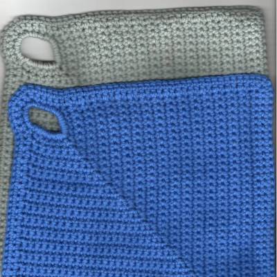 T0097 gehäkelt 2 Topflappen Untersetzer ca. 20 x 20 cm Baumwolle Handarbeit blau grau Küche