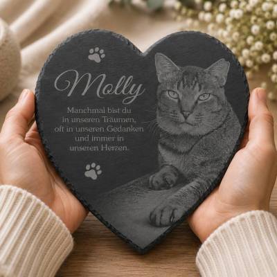 15 x 17 cm Schieferherz Gedenkstein für Tiere – personalisiert mit Gravur, Foto & Wunschtext