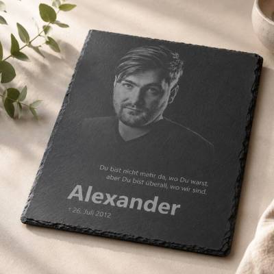 20 x 15 cm Schiefertafel mit Gravur & Foto – Personalisiert als Grabtafel & Grabschmuck