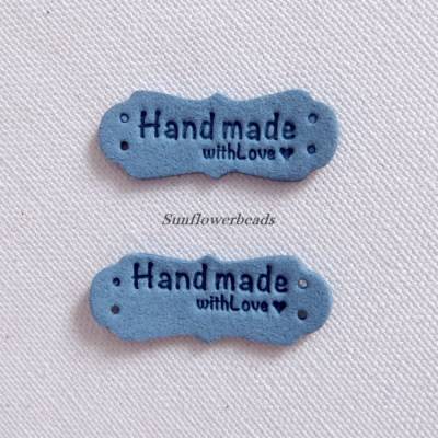 4 Handmade Label aus Velour zum Annähen, jeansblau, mit Aufschrift "handmade with love"
