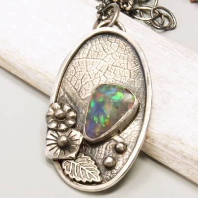 Opal Anhänger, Australische Crystal Opal Halskette, Edelopal, 925 Sterling Silber Anhänger, 935 Silber Halskette, Blatt 