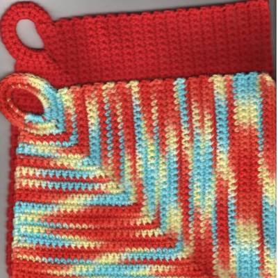 T0099 gehäkelt 2 Topflappen Untersetzer ca. 20 x 20 cm 100 % Baumwolle Handarbeit rot / rot blau gelb bunt
