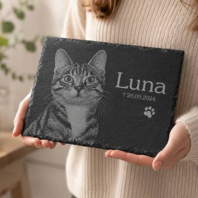 20 x 15 cm Gedenktafel für Tiere – Personalisierte Schiefertafel mit Gravur, Foto & Wunschtext – Wetterfestes Unikat als Gedenkstein