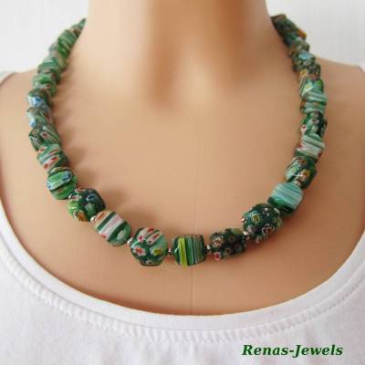 Glaskette Collier Millefiori Glasperlen grün bunt silberfarben Glas Kette Perlenkette Glasperlenkette