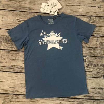 Tolles T-shirt gr.140/146 Einschulung endlich Schulkind Blau Sterne weiß