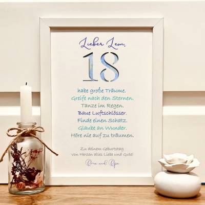 Personalisiertes Geldgeschenk 18. Geburtstag Junge – Bilderrahmen & Motivationsspruch