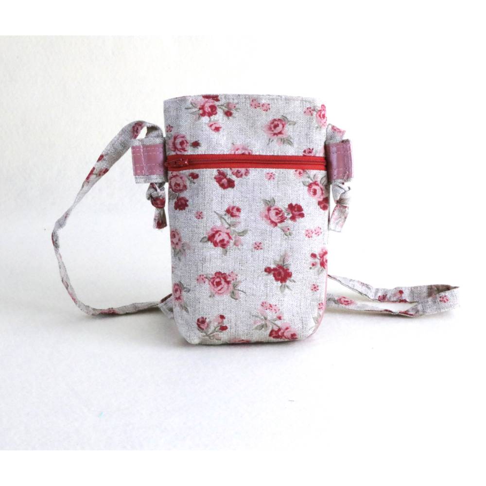 rosa Handytasche zum Umhngen aus Stoff und Kunstleder/Blumen/ Handyhlle/  kleine roamantische Tasche zum Umhngen