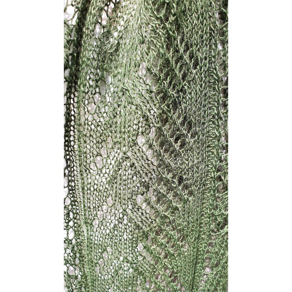 Laceschal / Schal -  handgestrickt – eleganter, federleichter Schal in Grün-Grau mit Blattmuster – Unikat Bild 7