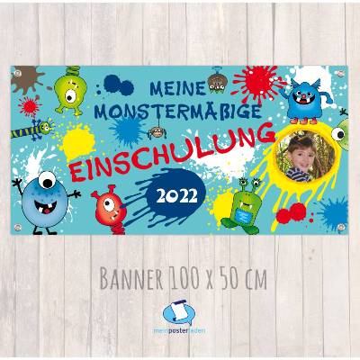 Banner zur Einschulung 100 x 50 cm - mit Foto personalisierbar | Meine Monstermäßige Einschulung - türkis
