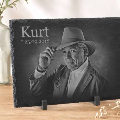 40 x 30 cm Schiefertafel mit Gravur – Personalisierter Gedenkstein mit Foto & Wunschtext als wetterfester Grabschmuck