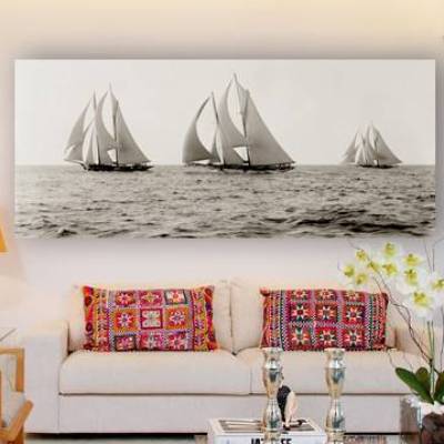 Panorama Wandbild Segelschiffe, Schiffe auf dem Meer um 1892 maritim -  alte Schwarz weiß Fotografie - Wohnzimmer