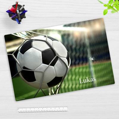 Schreibtischunterlage – Fußball im Tor mit Wunschname – 60 x 40 cm – aus Premium Vinyl - Made in Germany!