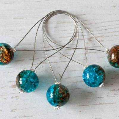 5 Maschenmarkierer: Crackle ~ türkis - braun ~ 10mm