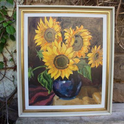 großes Sonnenblumen Acrylbild Stillleben signiert