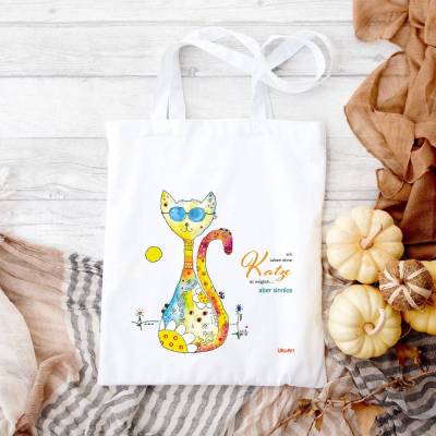 Baumwolltasche Sunshine-Cat, Stoffbeutel Stofftasche, Katze + Spruch: Ein Leben ohne Katze ist möglich, aber sinnlos
