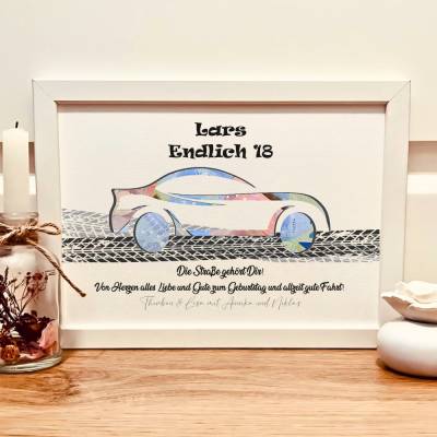 Geldgeschenk 18. Geburtstag Junge – Personalisierte nachhaltige Geldgeschenkverpackung mit Auto-Motiv