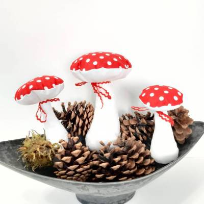 3-er Set Stoffpilze Fliegenpilz – Herbstliche Deko-Pilze aus Baumwolle, Glücksbringer & Tischdeko