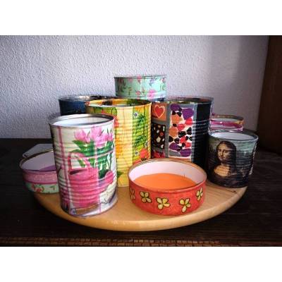 Besteckhalter Stiftehalter Aufbewahrung  Drehteller *ColourfulRondell* aus Holz und Konservendosen