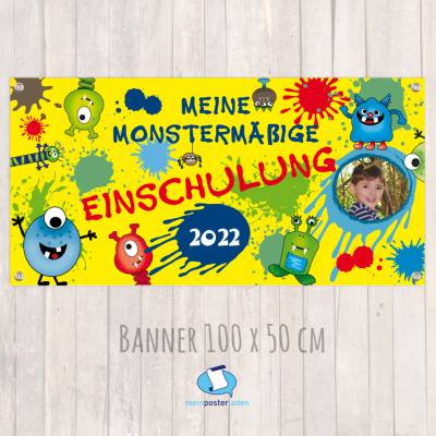 Banner zur Einschulung 100 x 50 cm - mit Foto personalisierbar | Meine Monstermäßige Einschulung - gelb