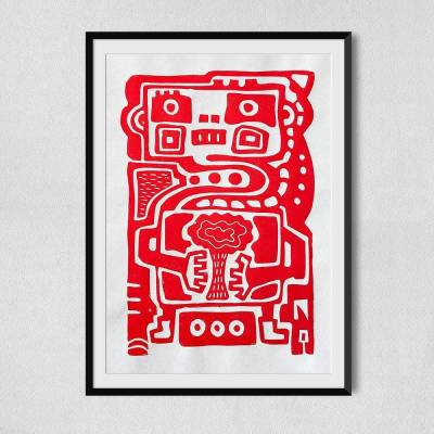 Roboter und Natur Linoldruck Rot A4